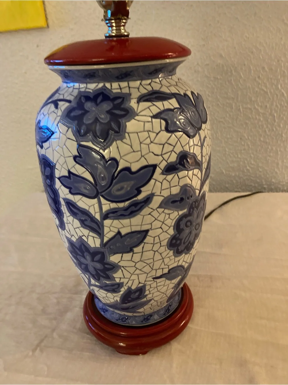Vintage Blue and White Floral Ceramic Lamp with Red Accents